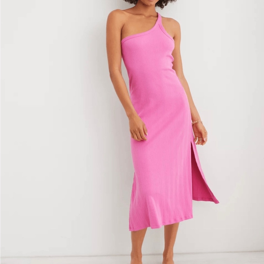 NWT Aerie One Shoulder Midi Ribbed A-Line Pink Dress